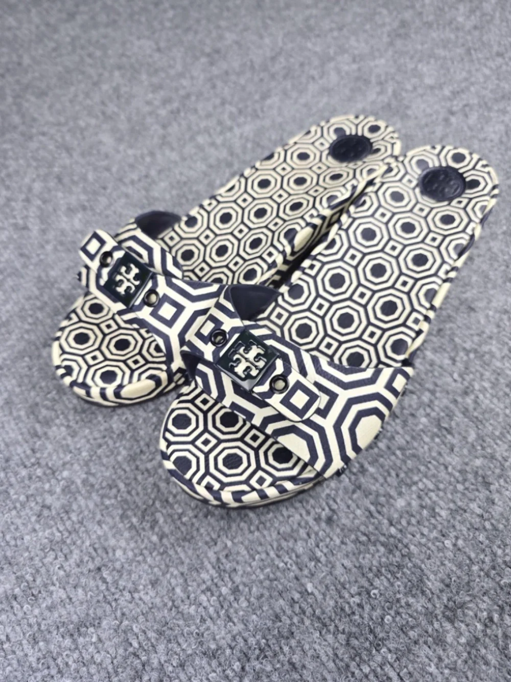 Tory Burch Noah Navy Blue Geometric Leather Slide Sandals Size 9